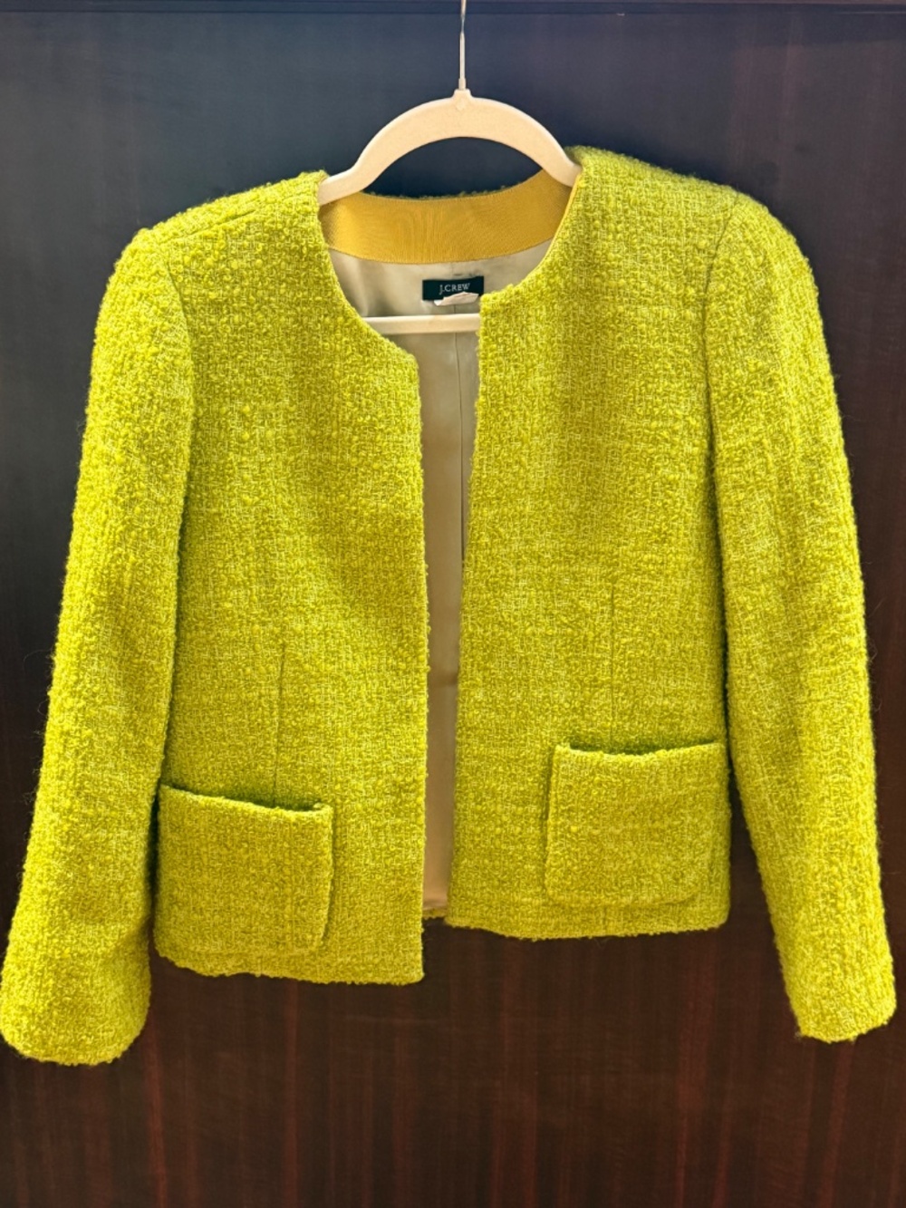 J.Crew Lime Green Tweed Bouclé Collarless Jacket Blazer